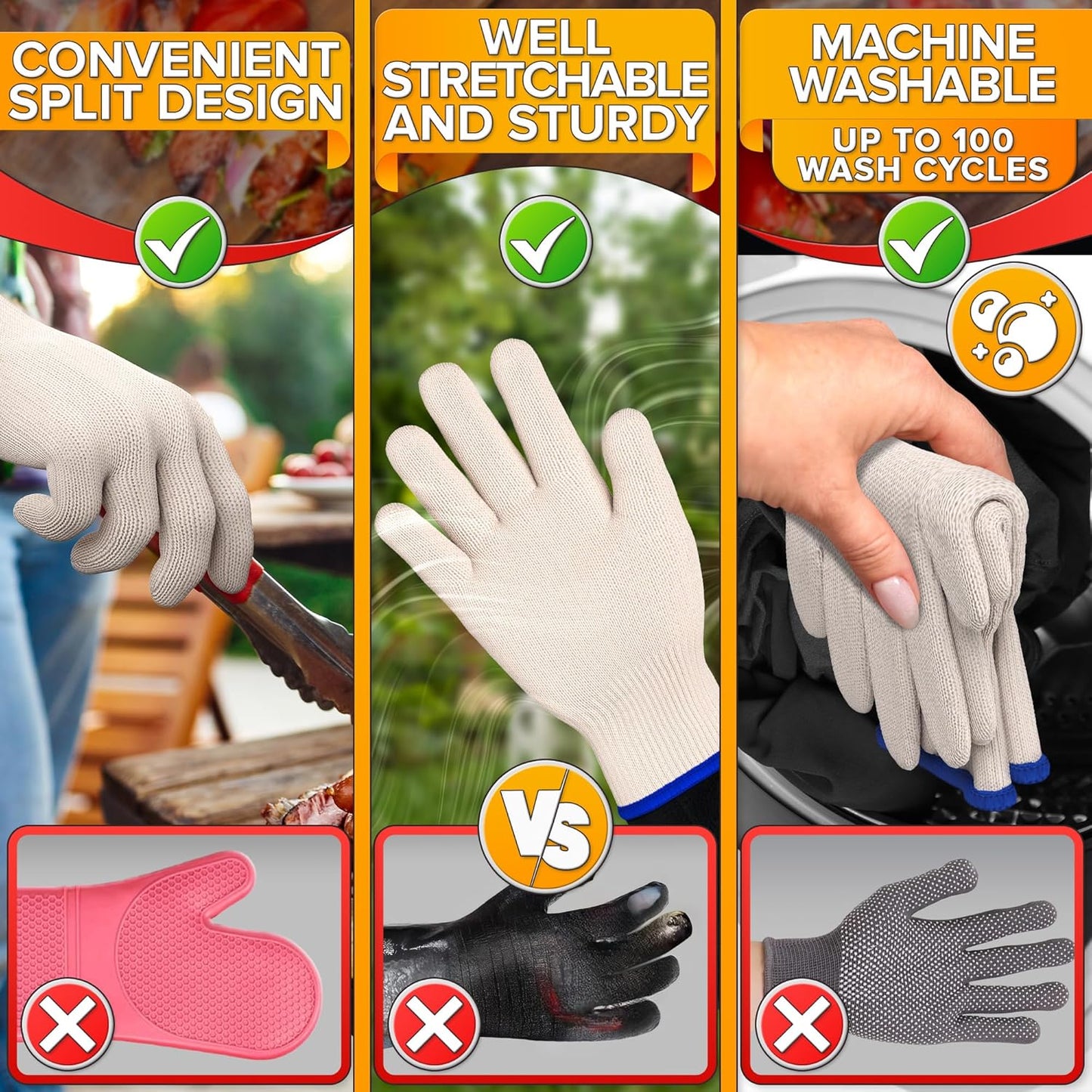 Heat Resistant Gloves - BBQ Gloves Heat Resistant Cooking Oven Gloves with Fingers Grill Glove Oven Mitts 480 to 932°F Grilling Gloves - Grill Gloves for Outdoor Grill Gloves for Hot Food Handling