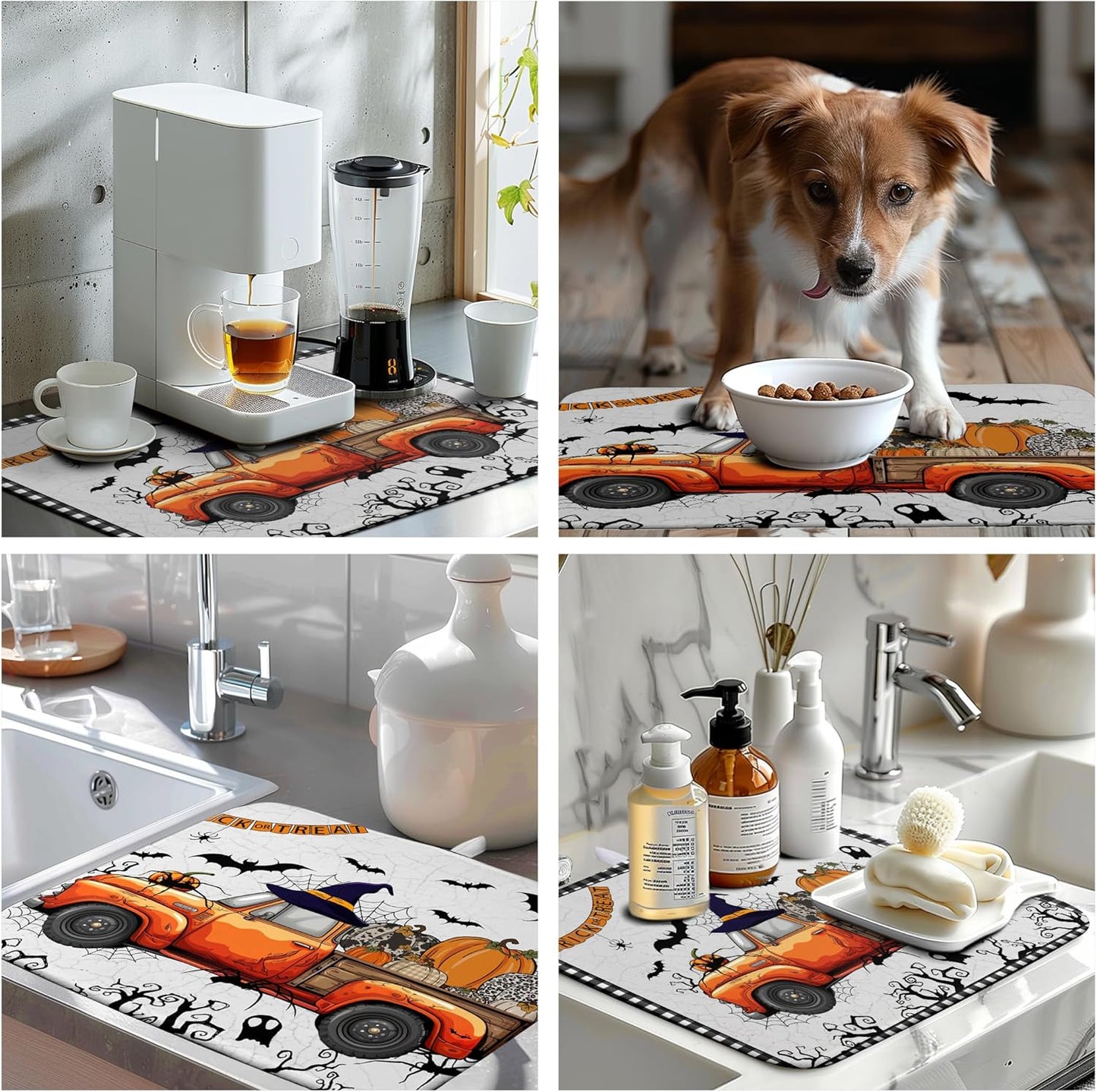Happy Halloween Pumpkin Truck Dish Drying Mat For Kitchen Trick or Treat Microfiber Absorbent Dish Drying Mats Spooky Black Bat Ghost Self Dish Draining Mat 18x24 In Coffee Bar Spill Pad Decoration