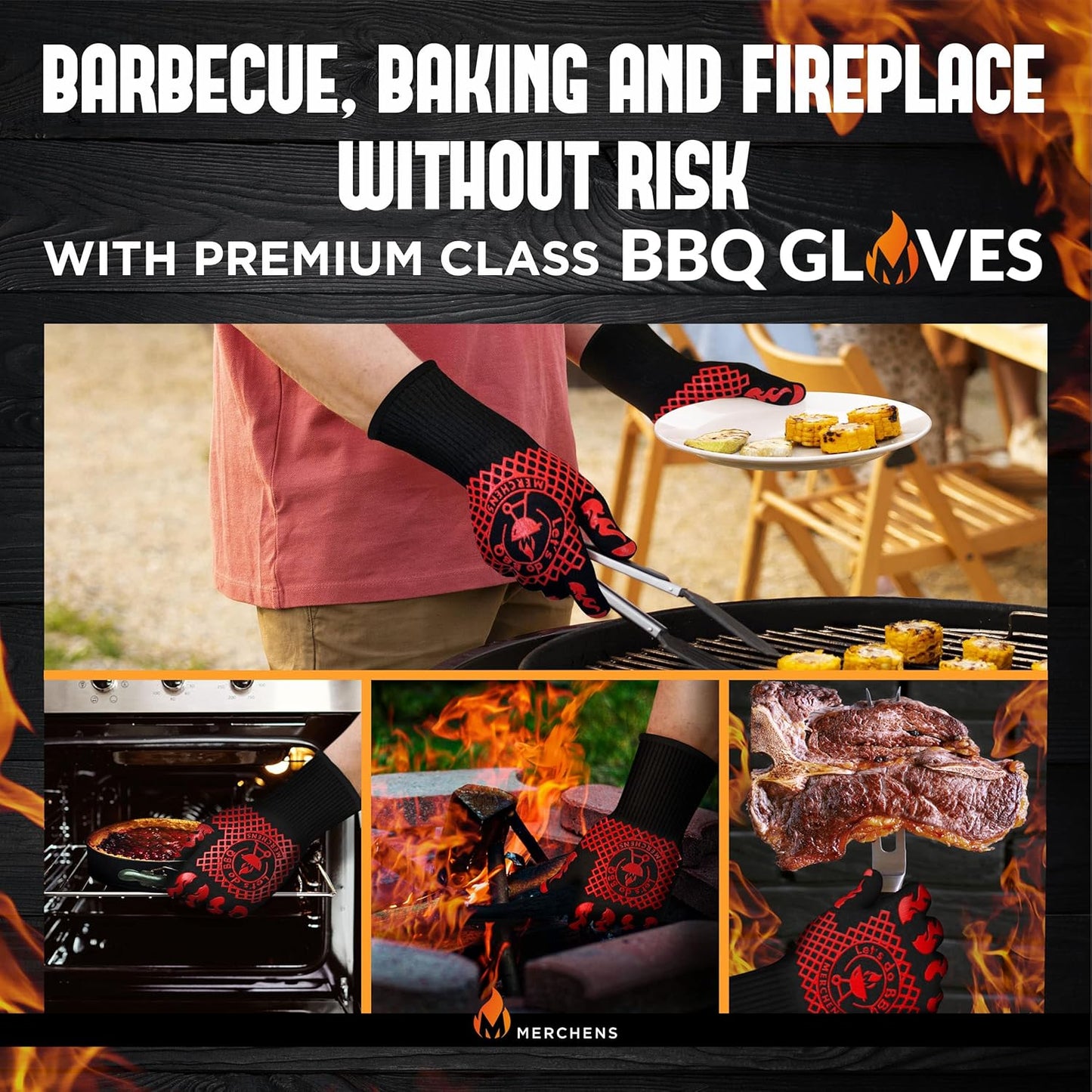 Pro-Series BBQ Gloves - Heat Resistant Grill, Grilling, and Oven Gloves for Culinary Experts - Extreme Fireproof Protection, Silicone Grip, Extra Long Mitts - Indoor & Outdoor - with Protective case