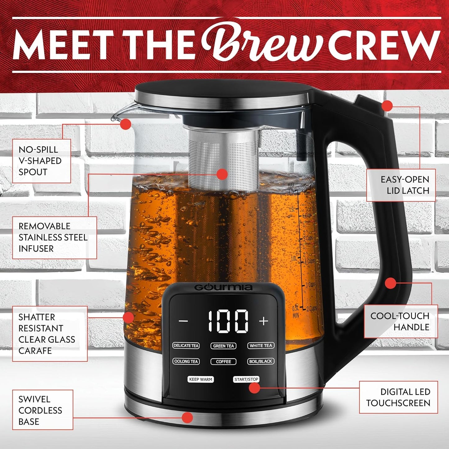 Gourmia Electric Programmable Glass Kettle – 1.7L Temperature Control Tea & Coffee Kettle with Digital Touch Display, 6 Presets, Keep Warm, Removable Stainless Steel Infuser, 360° Swivel Base – Green