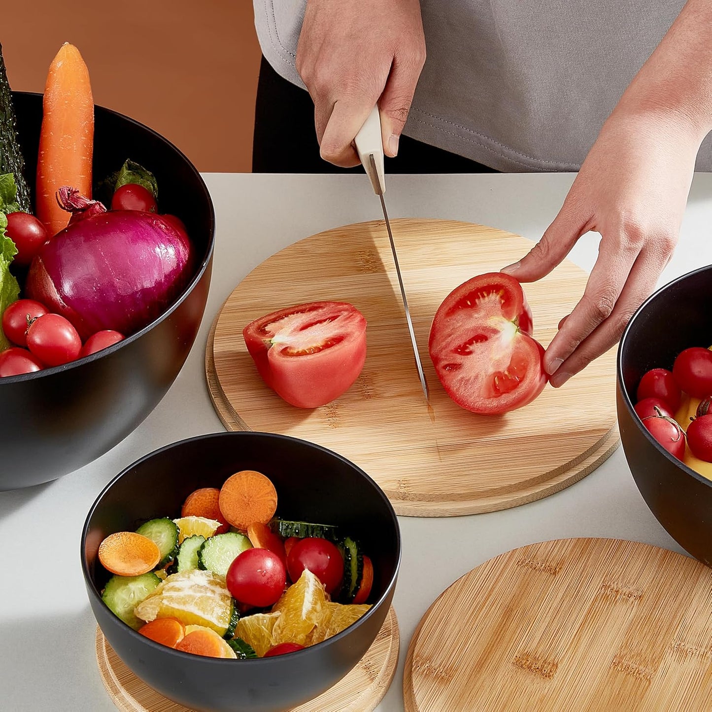 JOYMAY Salad Bowls, Mixing Bowl Salad Bowl Set, Natural Bamboo Fiber Serving Bowl Set of 3 with Bamboo Wood Lid, Nesting Bowls for Salads,Pastas(Black,10",8",6")