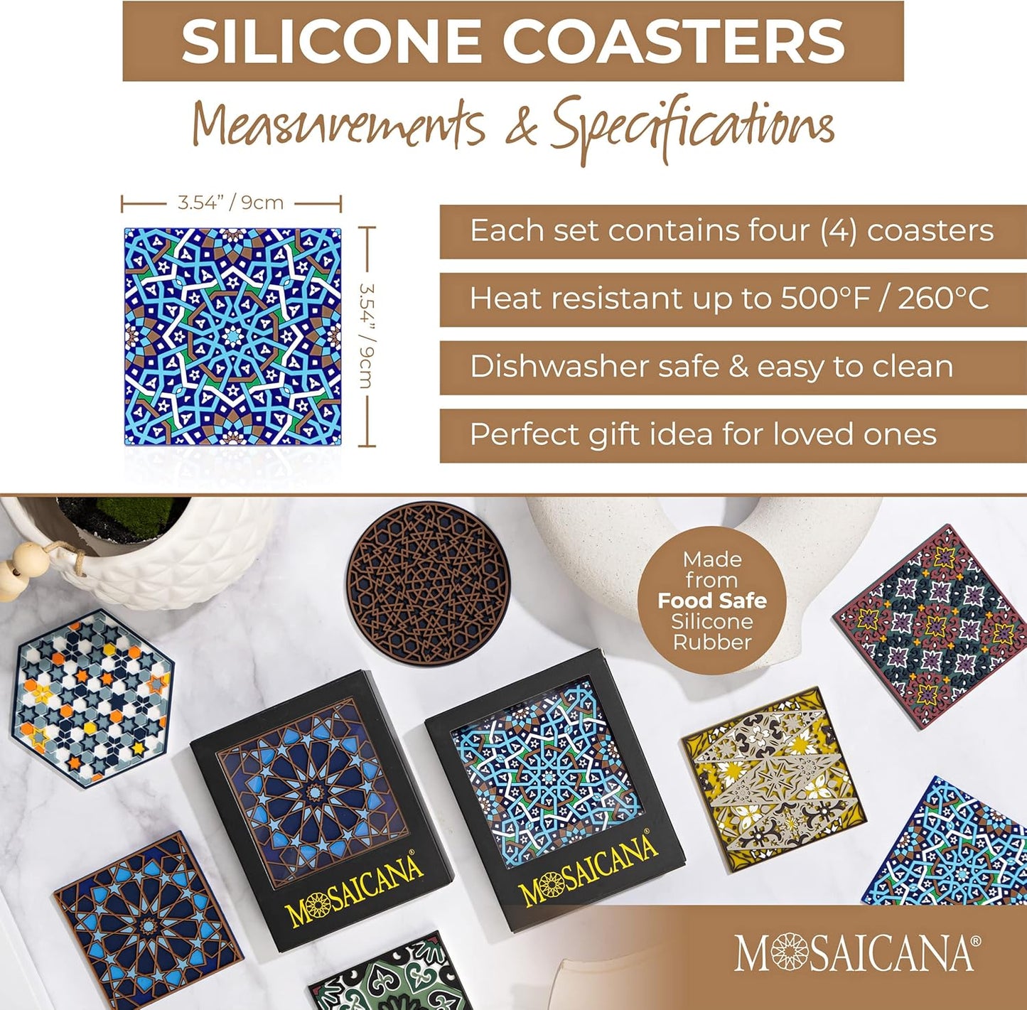 Set of 4 Silicone Coasters - Protect Against Water Marks or Damage - Fits All Cups, 3.5" Size, Blue Morocco