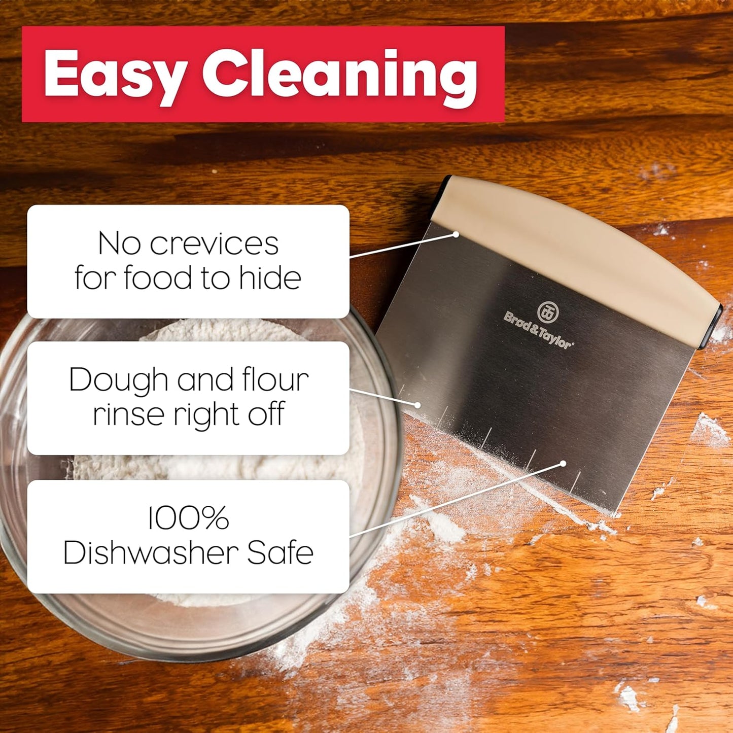 Brod & Taylor Bench Knife with 1" Markings and Non-Slip Rubber Handle, Dough Cutter for Home-Kitchen Baking (6" x 5.25" Surface), 100% Dishwasher Safe