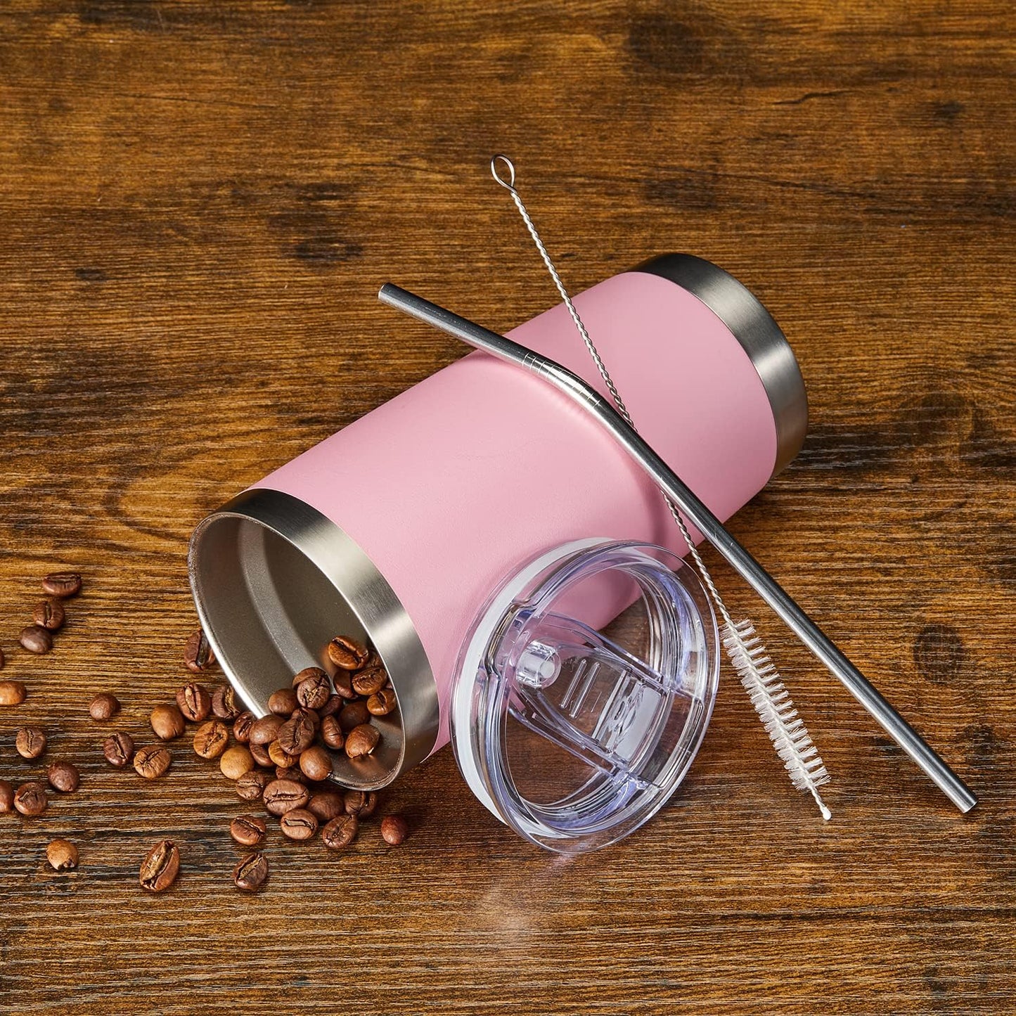 COMOOO 20oz Double Wall Vacuum Insulated Travel Mug Stainless Steel Tumbler with Lid and Straw Durable Powder Coated Insulated Coffee Cup for Cold & Hot Drinks (Pink, 12 pack