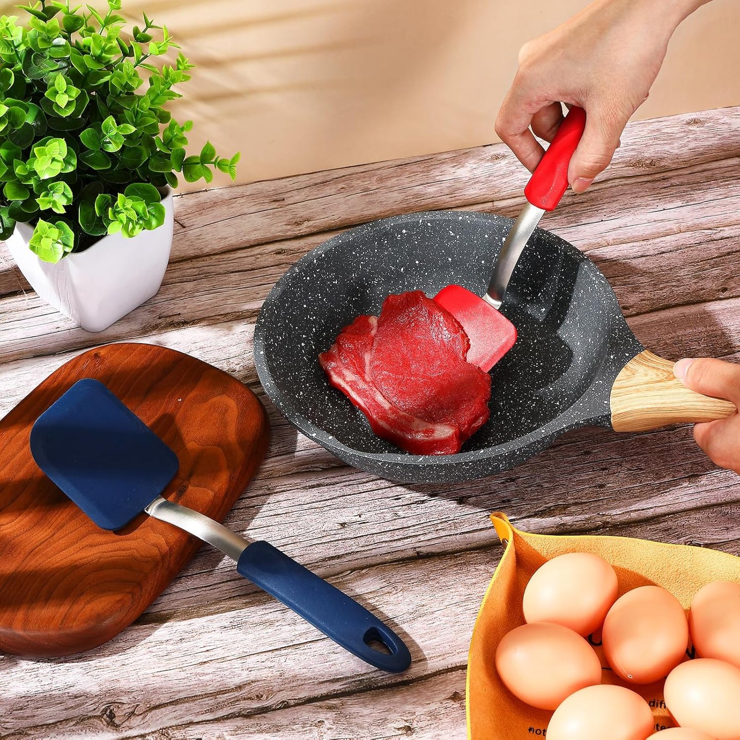 Silicone Cookie Spatula Turner 2 Pack Mini Brownie Spatula Flexible Kitchen Small Silicone Turner for Nonstick Cookware Heat Resistant No Scratch Flipper for Egg Pancake(Red,Blue)