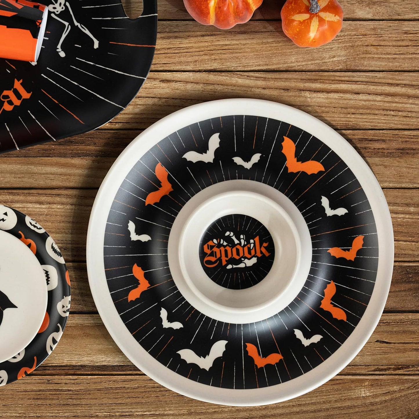 Oasis Choice 2-Pack Halloween Skeleton Serving Trays, 18" Large Handled Tray & 13" Chip & Dip Platter for Horror Party, BBQ, picnics and Birthday Decor (Bamboo Fiber, Black, 18inch)