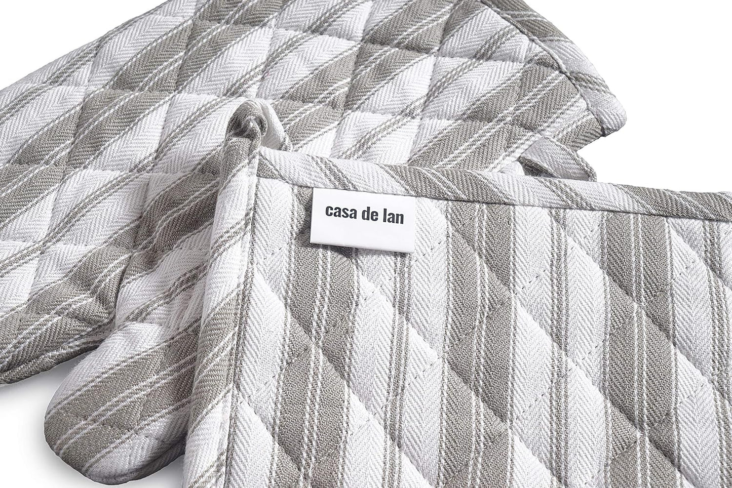 1 Oven Mitt, 1 PotHolder & 1 Kitchen Apron Set - Durable Heat Resistant Gloves - Thick Mittens for Kitchen - Suitable for Cooking, Baking, Grilling – Men & Women – Light Grey Stripes - Casa De Lan