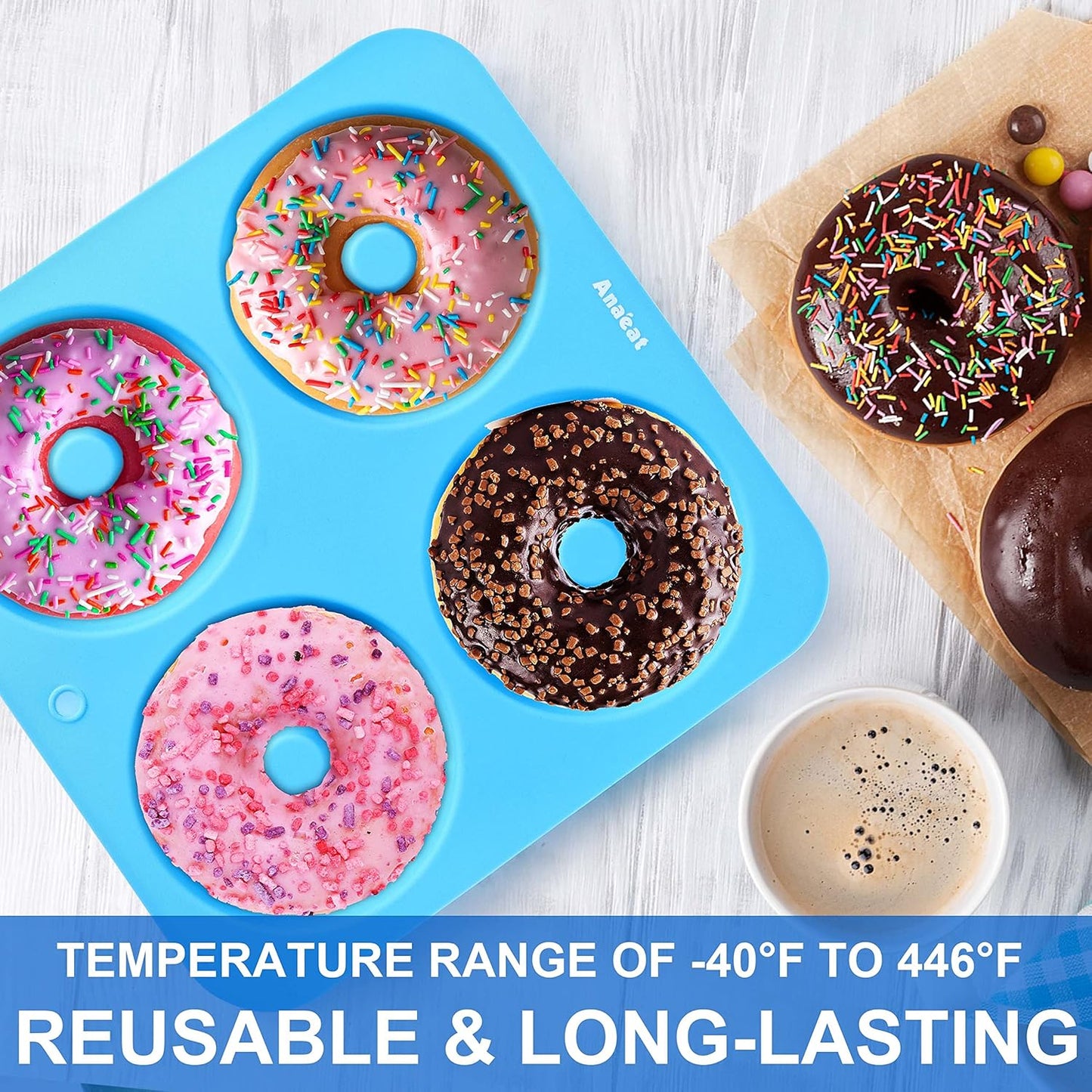 Anaeat Full Size Donut Baking Pans 3 Pack, Big Size 4 Inch Silicone Baking Mold, Just Pop Out! Non Stick 6-Cavity Doughnut Trays for Bagels Donuts Cake Biscuit - BPA Free & Dishwasher Safe (3 colors)