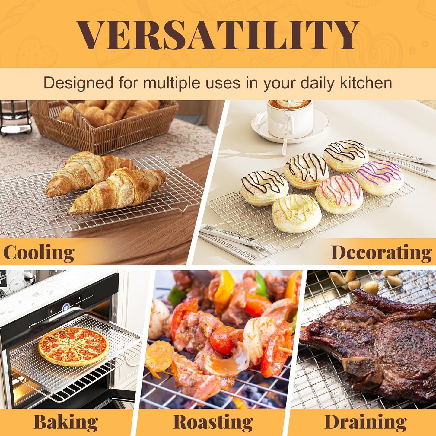 Cooling Racks for Cooking and Baking - 2 PCS 10" x 16" Grid Wire Baking Rack for Oven Cooking, Baking, Grilling, Roasting -Dishwasher Safe Bacon Rack- Fits Jelly Roll Cookie Sheet Pan-Box Packaging