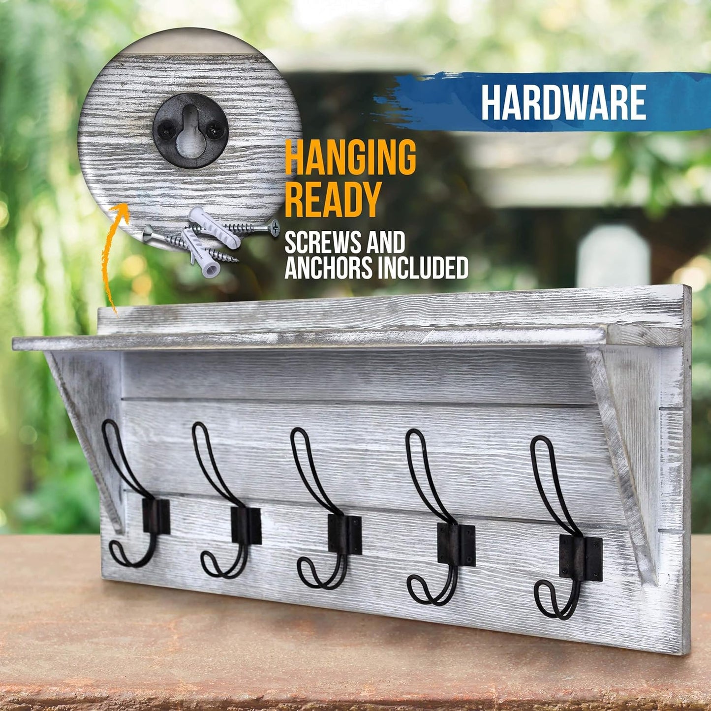 HBCY Creations Rustic Wall Mounted Coat Rack with Shelf - Solid Wood 24" Entryway Shelf with 5 Coat Hangers. Perfect Touch for Your Entryway, Mudroom, Kitchen, Bathroom and More, Whitewash