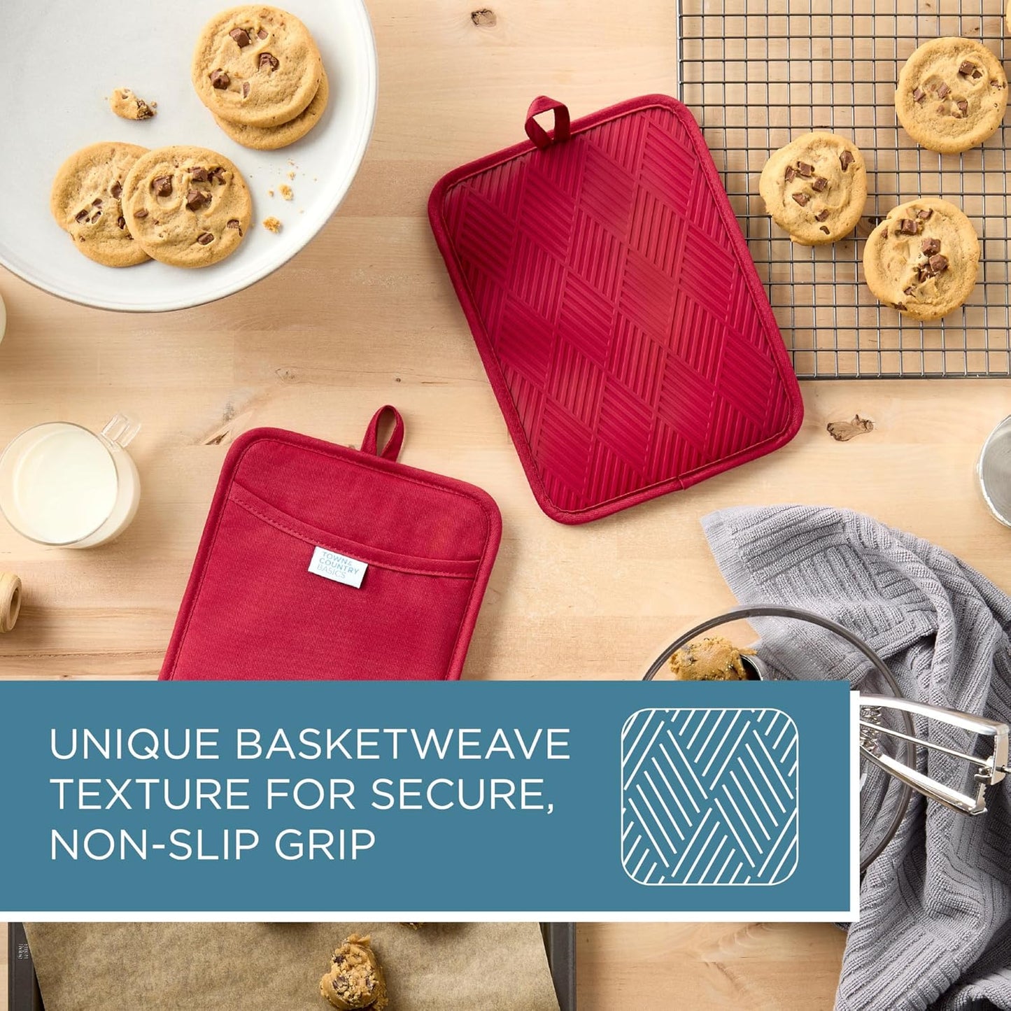 TOWN & COUNTRY BASICS Basketweave Soft Silicone Pot Holder 2-Pack Set, Heat Resistant up to 500F, Flexible Silicone, Non-Slip Grip, Red, 7.5"x10"