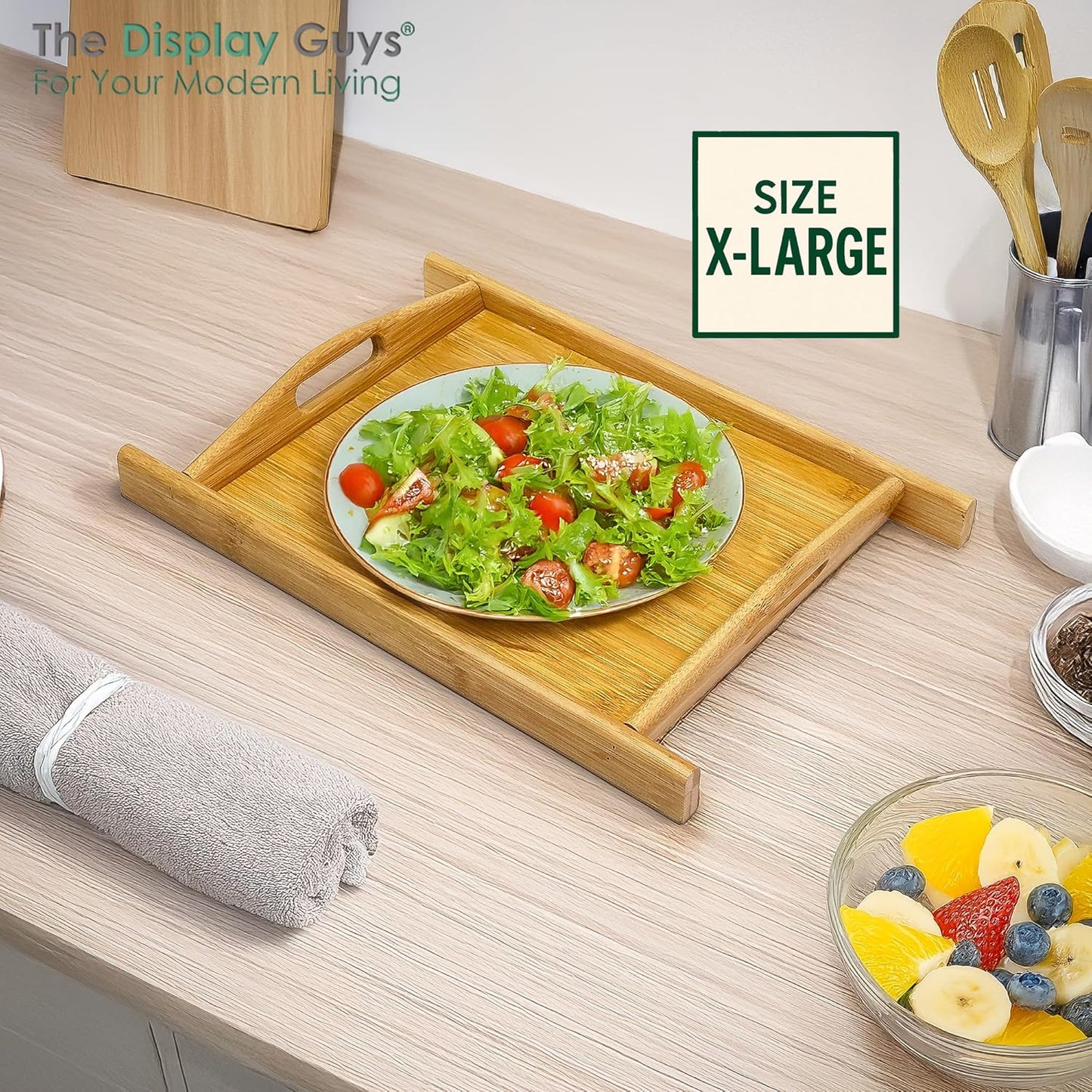 Natural Bamboo Serving Tray w/Handles (Medium) - Decorative Platter for Food, Breakfast, Wooden Coffee Table, Ottoman, Couch, Picnic by The Display Guys