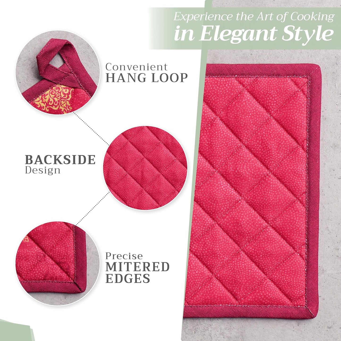 Maison d' Hermine 100% Cotton Oven Mitt & Pot Holder Set (7.5"x13" & 8"x8") Heat Resistant BBQ Cooking Gloves with Loop, Baking, Grilling, Kitchen, Handling Hot Pans (Versailles)