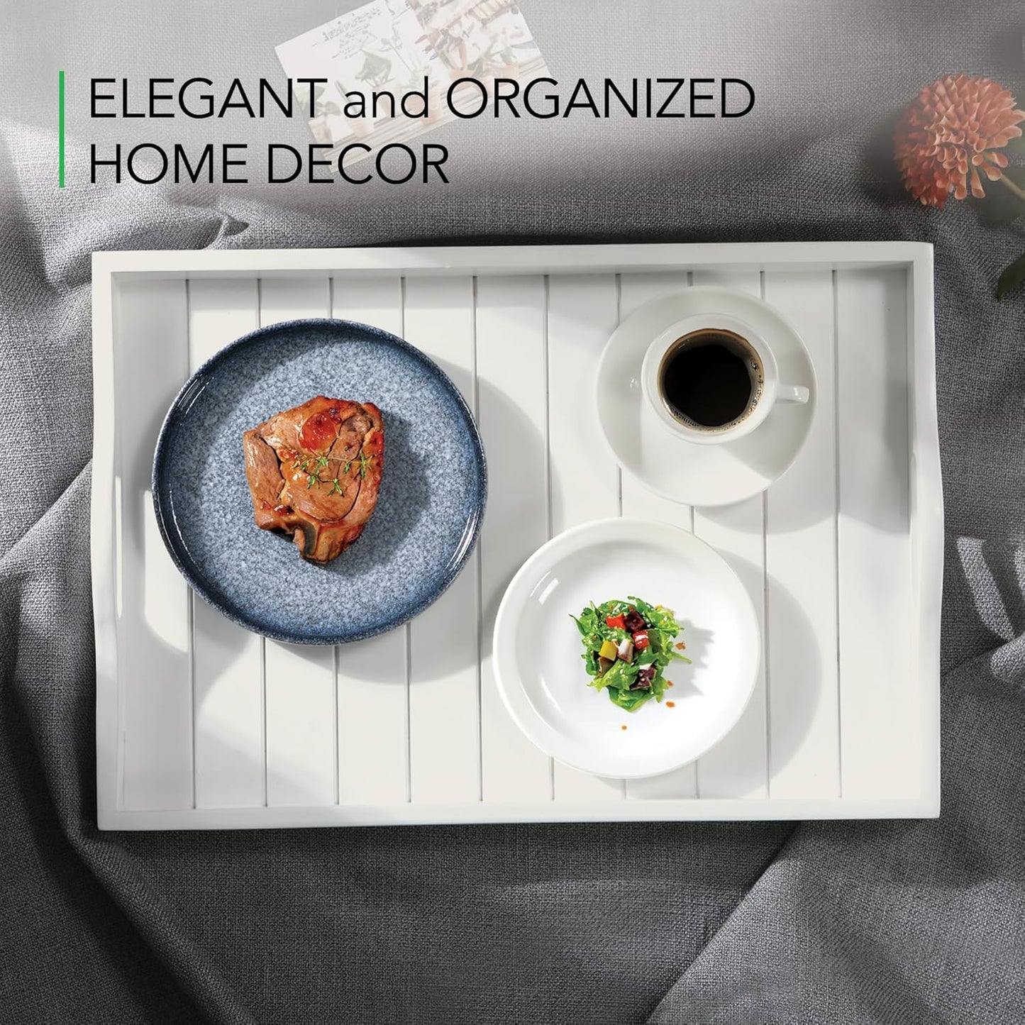 Large Wooden Serving Tray with Handles 20 x 14 inch Decorative Coffee Table Ottoman Tray for Living Room Extra Large for Kitchen Dinner Food Bar Breakfast in Bed (Color White)