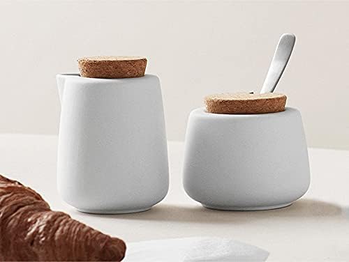 Viva Nicola White Sugar and Creamer Set, Porcelain Coffee and Tea Serving Set - Cream Pitcher and Sugar Bowl with Cork Lid and Metal Spoon, 7oz / 200ml Milk and Sugar for Coffee Bar
