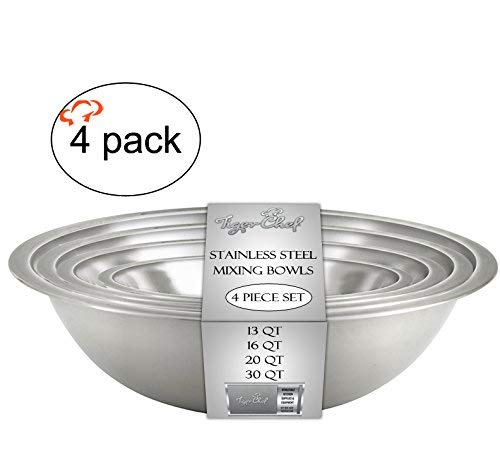 Tiger Chef Large Stainless Steel Standard Weight Mixing Bowls Set, Mirror Finish - Set Includes 13, 16, 20, and 30 Quart.