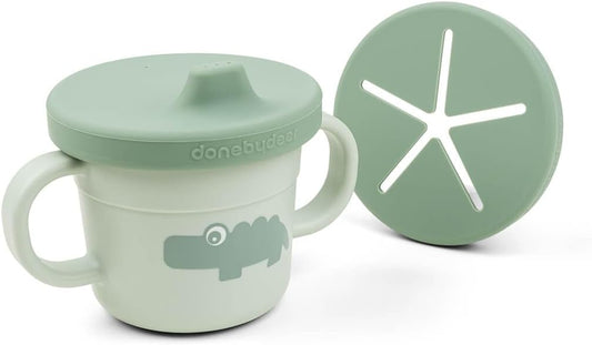 Done by Deer Foodie Spout & Snack Cup Croco Green – Spill-Proof Toddler Cup with Soft Silicone Lid – Durable, Easy to Clean, and Perfect for 6-Month-Olds