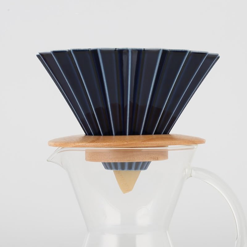 Ceramic Coffee Dripper Pour Over Coffee Maker with Wood Stand Elegant Flower Shape V60 Filter (black)