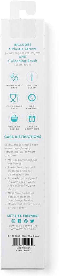 Swig Life Reusable Straws Glitter Clear + Aqua Tall Straw Set & Cleaning Brush, Each Straw is 10.25 inch Long (Fits Swig Life 20oz Tumblers, 22oz, and 32oz Tumblers)