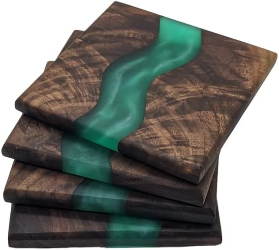 Wood Coaster Set for Drinks | Handmade with Dark Walnut & Natural Wood Sealant Finish for Water Resistance, Easy Cleaning & No Stains | Epoxy Resin River (4 Pieces) (Green)