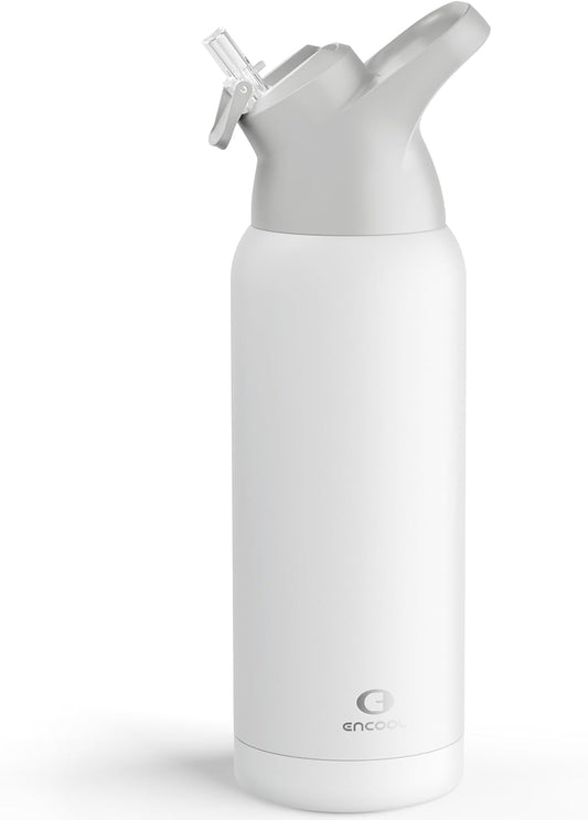 Insulated Water Bottle with Straw - Encool Stainless Steel Water Bottle, Reusable Leakproof and BPA-Free for Sports, Travel, Cold for 24 Hours, 32 oz, Snowflake