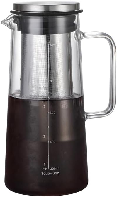 Cold Brew Coffee Maker Borosilicate Glass with 304 Stainless Steel Filter, Tea Infuser Ice Cold Brew Pitcher Kitchen, with Spout Kitchen Iced (34oz (1.0 L))