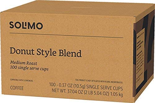 Amazon Brand - Solimo Medium Roast Coffee Pods, Donut Style, Compatible with Keurig 2.0 K-Cup Brewers, 100 Count