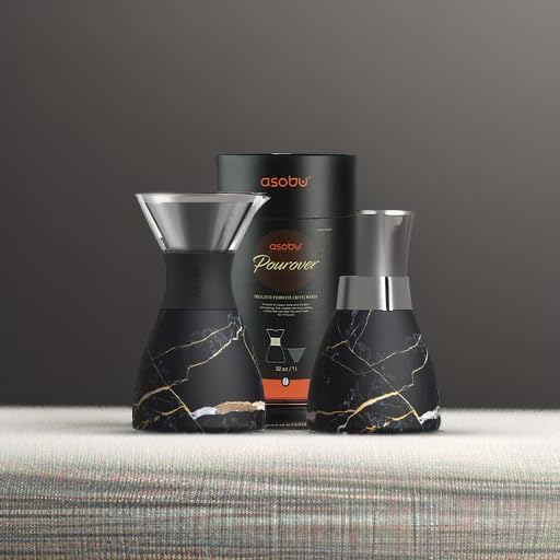 asobu Insulated Pour Over Coffee Maker (32 oz.) Double-Wall Vacuum, Stainless-Steel Filter and Take on the Go Carafe (Midnight Marble)