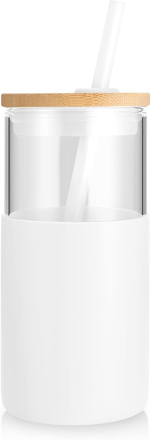 Tronco 16 oz Glass Tumbler with Straw and Bamboo Lid, Iced Coffee Cup Reusable, Smoothie Cups, Tumbler with Silicone Protective Sleeve - BPA Free