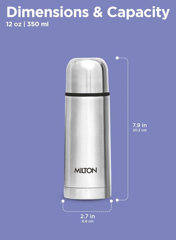Milton Thermosteel Flip Lid Flask 350, Double Walled Vacuum Insulated Thermos 350 ml | 12 oz | 24 Hours Hot and Cold Water Bottle with Cover, 18/8 Stainless Steel, BPA Free, Leak-Proof | Silver