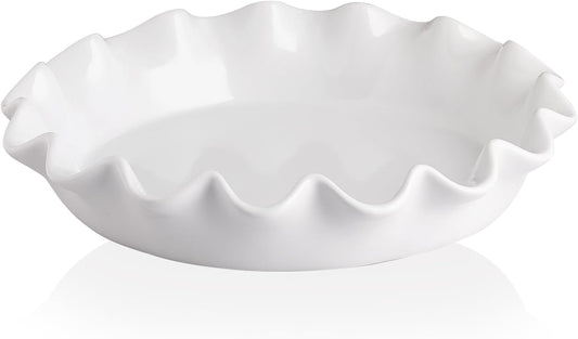 Sweejar Ceramic 11.5 Inches Pie Pan for Baking, Deep and Fluted Porcelain Round Pie Dish, Non-Stick Pie Plate for Pumpkin Pie, Apple Pie, Pie Pots with Morden Farmhouse Design(White)