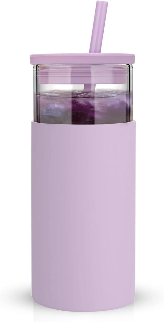 Tronco 20 oz Glass Tumbler With Lids and Straws, Reusable Smoothie Cups With Silicone Lid, Iced Coffee Cup With Silicone Protective Sleeve, Dishwasher Safe- BPA Free（Light Purple 1 Count）