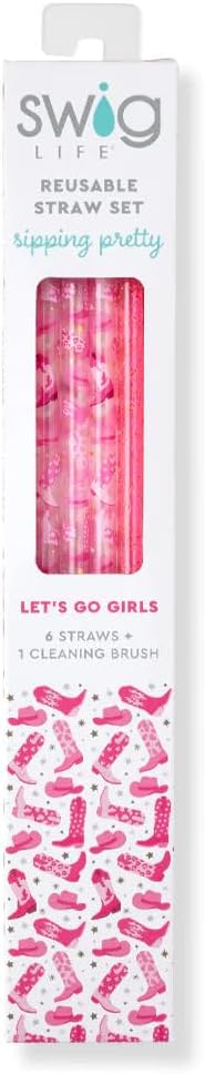Swig Life Reusable Straws Let's Go Girls + Pink Glitter Tall Straw Set & Cleaning Brush, Each Straw is 10.25 inch Long (Fits Swig Life 20oz Tumblers, 22oz, and 32oz Tumblers)