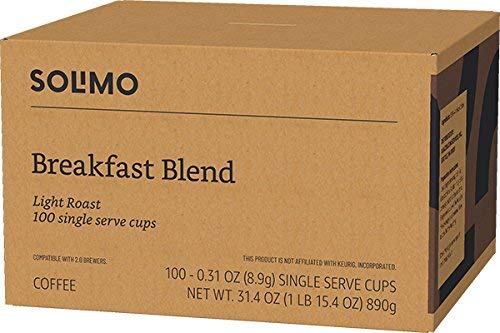 Amazon Brand - Solimo Light Roast Coffee Pods, Breakfast Blend, Compatible with Keurig 2.0 K-Cup Brewers, 100 Count (Pack of 2)
