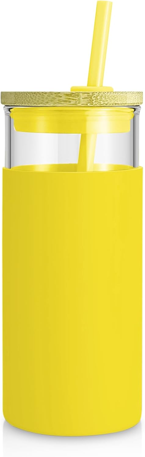 Tronco 20 oz Glass Tumbler with Lid & Straw - Iced Coffee Cup & Smoothie Cup With Silicone Sleeve | BPA-Free, Dishwasher Safe | Reusable Glass Cups with Bamboo Lids and Straws (Yellow 1 Count)