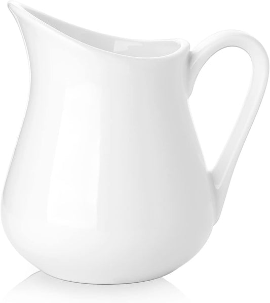 Nucookery 8 Oz Classic White Fine Porcelain Creamer with Handle,Small Creamer Pitcher For Sauces Salad Coffee Milk More,Microwave & Freezer Safe (8-Ounce, Set/1)