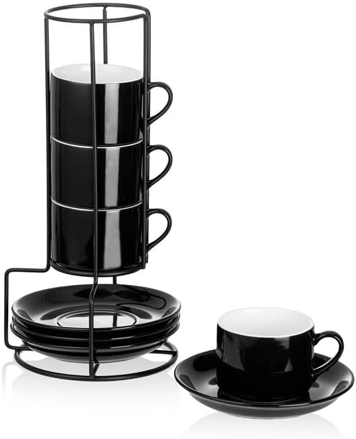 4oz Porcelain Stackable Espresso Cups with Saucers and Metal Stand Set of 4, Stackable Cappuccino Cups, Black Expresso Shots Cup Set for Coffee Drinks, Latte, Americano, Tea