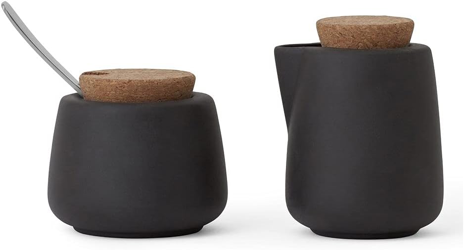 Viva Nicola Charcoal Sugar and Creamer Set, Porcelain Coffee and Tea Serving Set - Cream Pitcher and Sugar Bowl with Cork Lid and Metal Spoon, 7oz / 200ml Milk and Sugar for Coffee Bar