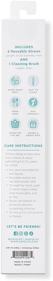 Swig Life Reusable Straws Christmas Glitter Tall Straw Set & Cleaning Brush, Each Straw is 10.25 inch Long (Fits Swig Life 20oz Tumblers, 22oz, and 32oz Tumblers)