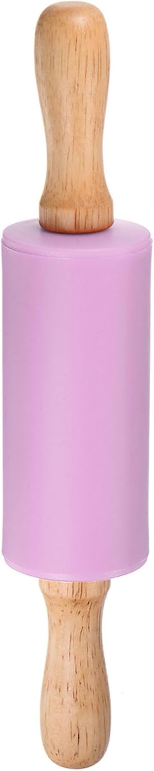HARFINGTON Silicone Rolling Pins for Baking 9.25 Inch Non-Stick Silicone Surface Wooden Handle Rolling Pin Small Roller Playdough Rolling Pins for Fondant Kitchen Dough Pizza, Purple
