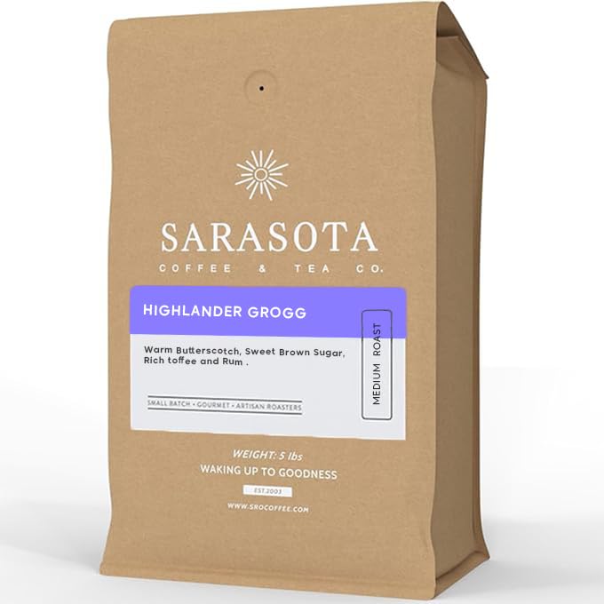 Sarasota Coffee Whole Bean Highlander Grogg | Medium Roast Gourmet Flavored Coffee Beans | Low Acid, Mold Free, Specialty Grade Flavored Bulk Beans | 5lb (80 oz)