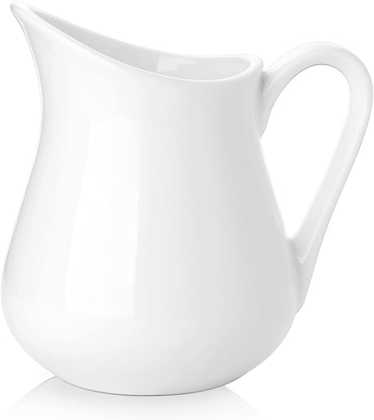 Nucookery 12 Oz Ceramic Creamer with Handle, White Coffee Milk Pitcher, Porcelain Creamer Container Holder For Sauces Salad Coffee Milk, Microwave & Freezer Safe (12-Ounce, Set/1)