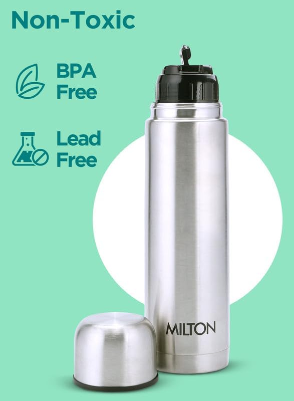 Milton Thermosteel Flip Lid 750, Double Walled Vacuum Insulated Thermos 750 ml | 25 oz | 24 Hours Hot and Cold Water Bottle with Cover, Stainless Steel, BPA Free, Leak Proof | Silver