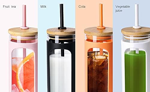 Kodrine 20oz Glass Water Tumbler with Straw and Lid, Bamboo Lids Water Bottle, Iced Coffee Cup Reusable, Wide Mouth Smoothie Cups with Protective Silicone Sleeve BPA FREE-Light Blue