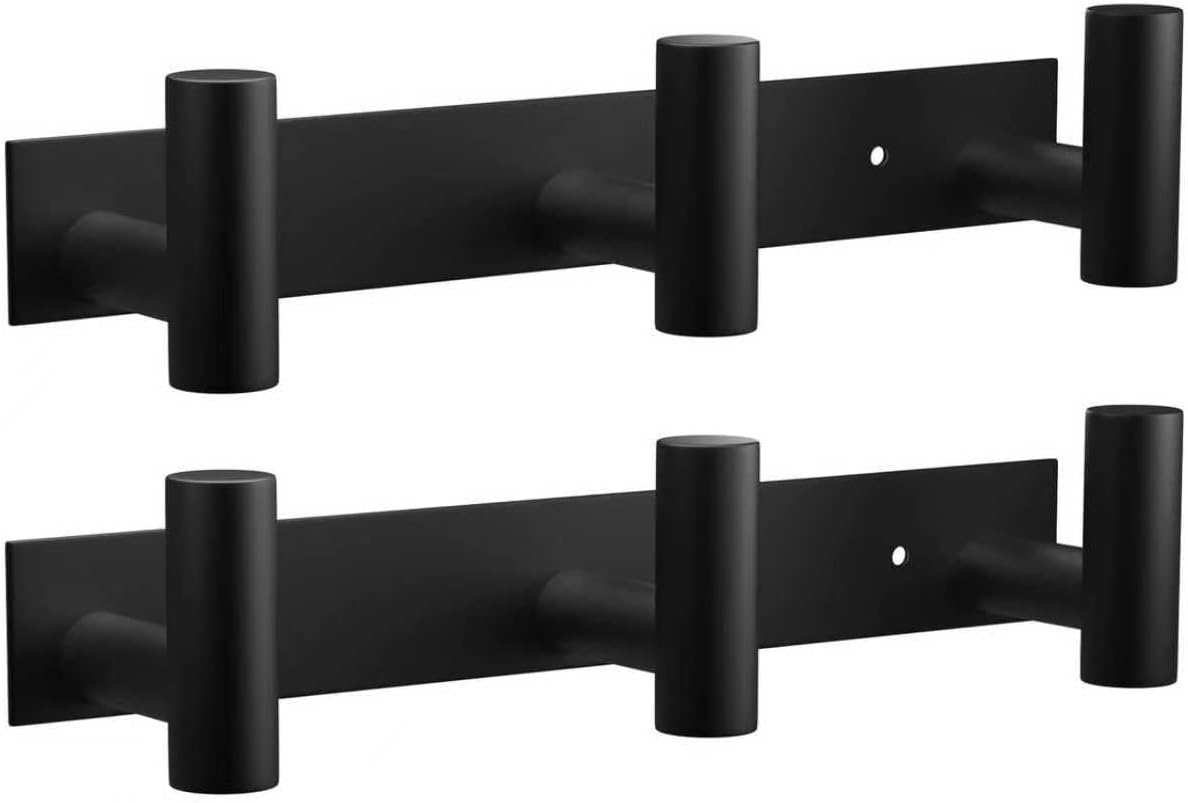VAEHOLD Black Hat and Coat Wall Mount Rack - 3 Hooks for Robes, Bags, Keys, and Towels - Bathroom Towel Hanger Organizer (2 Pack)