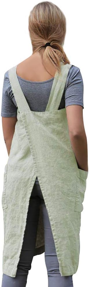 Women's Pinafore Square Apron Baking Cooking Gardening Works Cross Back Cotton/Linen Blend Dress with 2 Pockets
