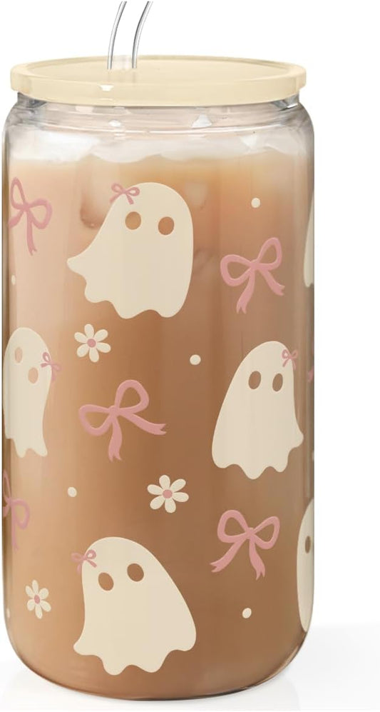 Halloween 16oz Can Glass Tumbler with Acrylic Lid & Straw, Iced Coffee Cup for Women Girls, Aesthetic Cups Gifts for Party