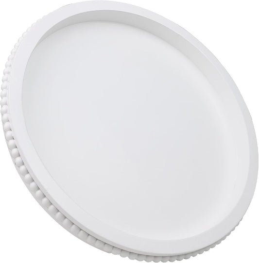 Round Wood Serving Tray with Beaded, 13” Rustic Wooden Decorative Coffee Table Tray for Centerpiece, Ottoman, Farmhouse Circle Trays for Counter, Living Room, Home Decor (White)