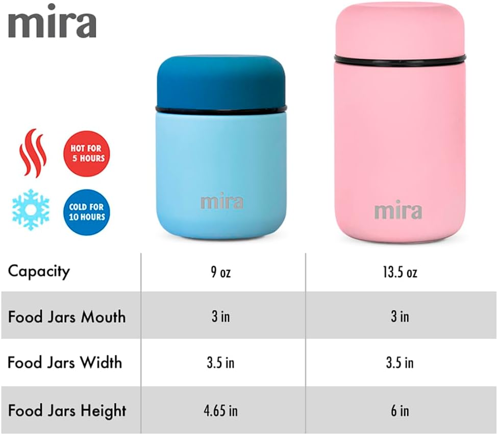 MIRA 2 Pack Insulated Food Jar Thermo for Hot Food & Soup, Compact Stainless Steel Vacuum Lunch Container - 9 oz, Sky, Pink
