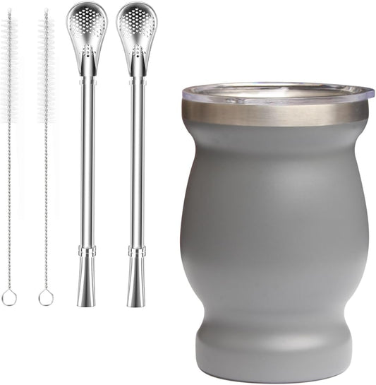 Beruth Bombilla Yerba Mate Gourd, 8oz Stainless Steel Tea Cup Set with a Multifunctional Lid, Two Straws and Cleaning Brushes, Double Walled Coffee Mug Heat Insulation Anti Scalding （Starry Sky Grey）